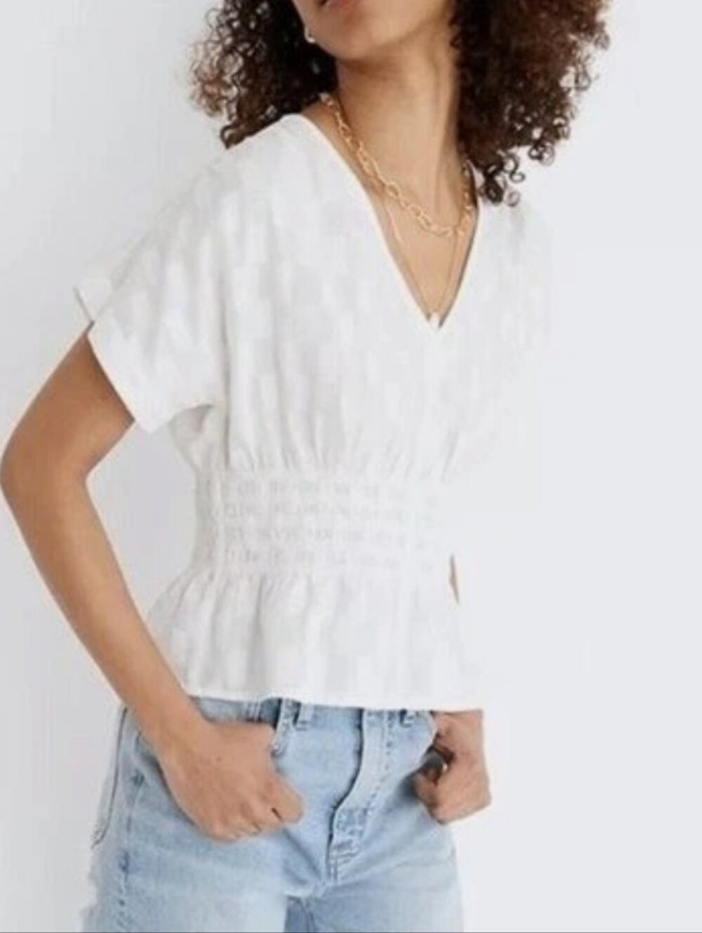 Madewell White V-Neck Smocked Peplum Blouse